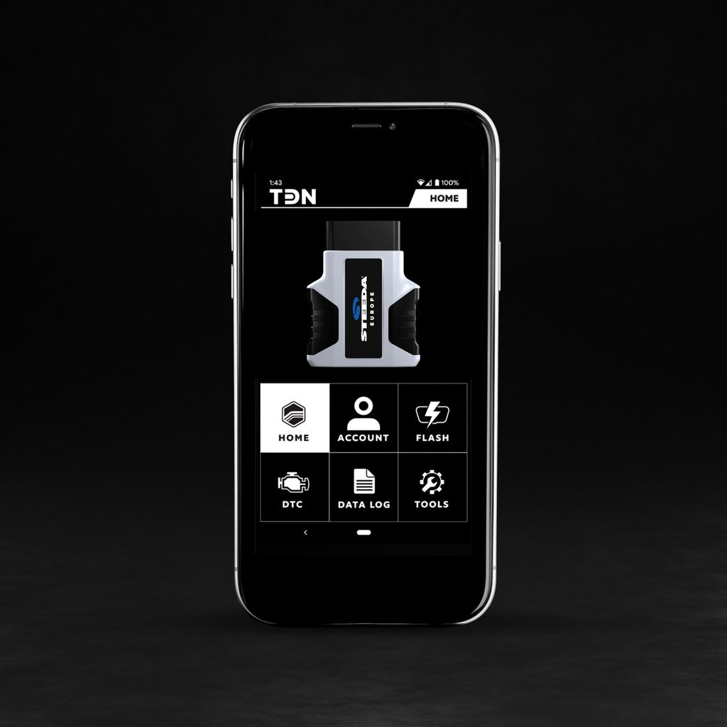 Smartphone displaying HP Tuners Steeda Mustang tuning app interface with icons on a black background