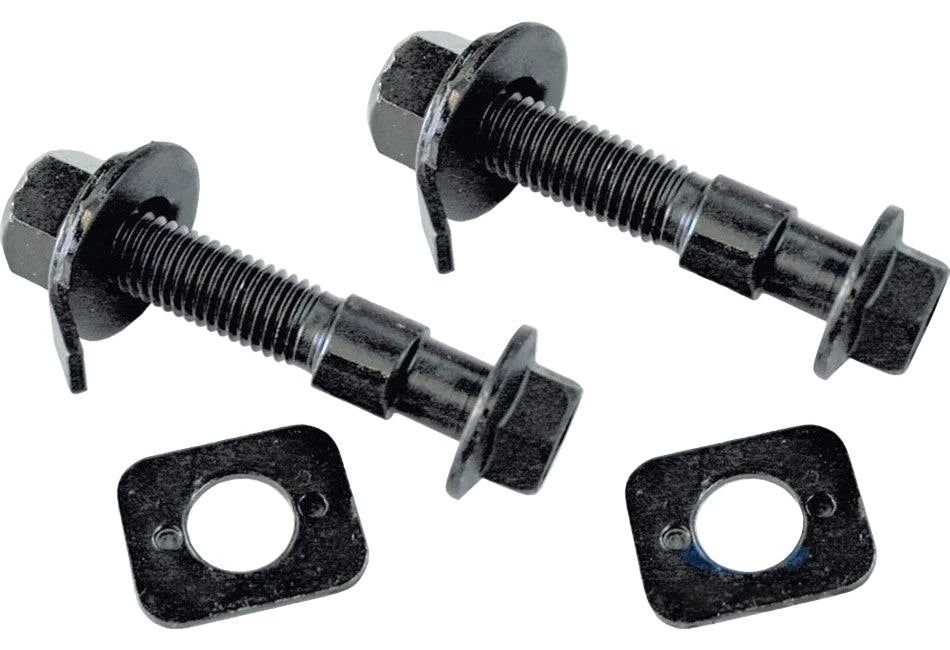 A pair of black metal camber bolts with washers for Ford Mustang vehicle suspension adjustment.