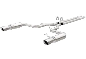 Stainless steel cat-back exhaust system with polished tips and mandrel-bent piping designed for 2015+ GT Mustang.