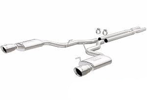 Stainless steel cat-back exhaust system with dual split rear and polished stainless steel tips.