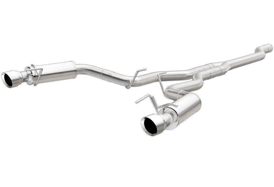 A stainless steel cat-back exhaust system with a chrome tip finish for a Mustang 2015+ vehicle.