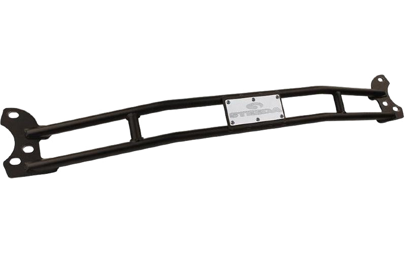 A black Steeda S550 Mustang Strut Tower Brace made from high-strength chrome-moly steel, designed to improve vehicle handling by stiffening the front end.