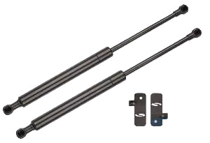 A set of black metal hood struts and mounting hardware for a Ford Mustang, branded by Steeda.