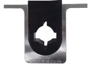 A billet metal shifter base and poly bushing bracket with the Steeda logo, designed for Ford Mustang models.