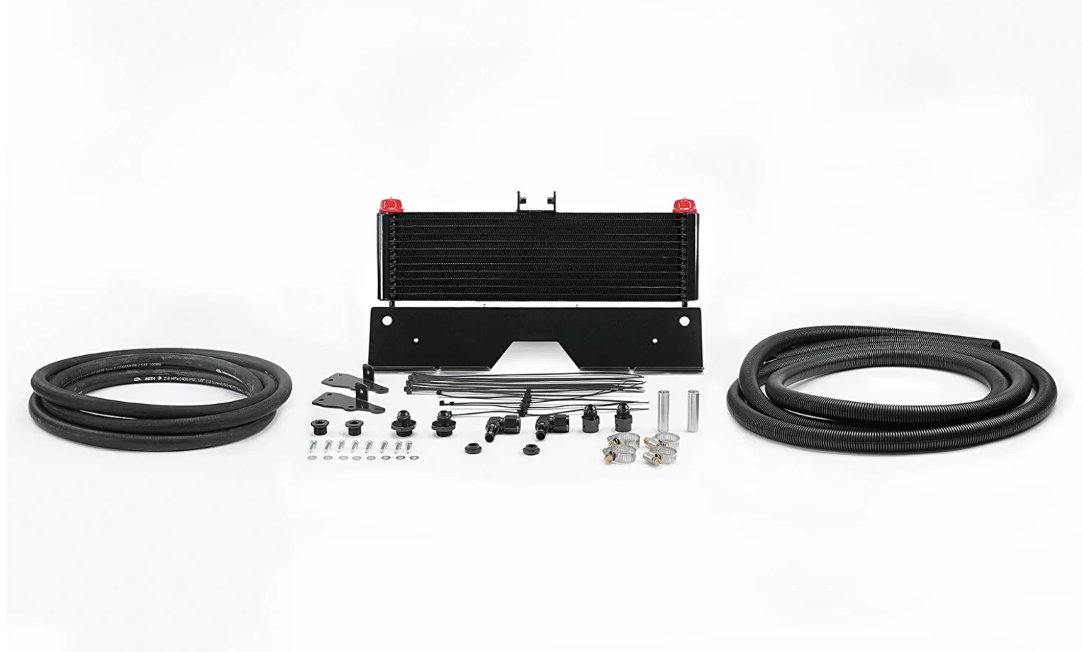 Oil cooler kit  for Ford Ranger Raptor V6 with hoses and mounting hardware on a white background